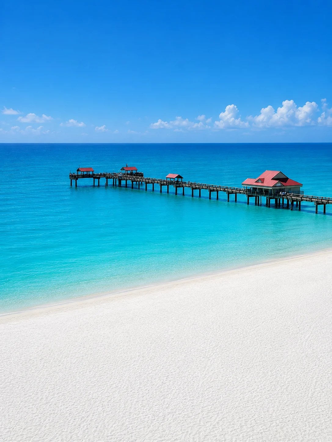 Florida beach with a pier over turquoise water