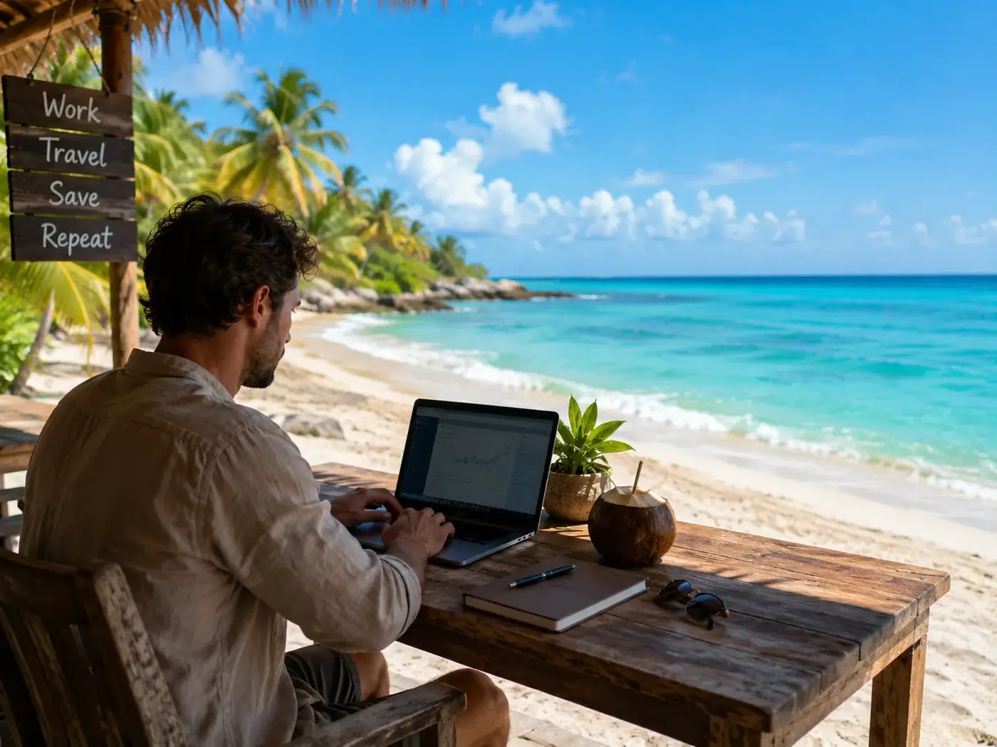 A remote professional working on a laptop at a Florida beach