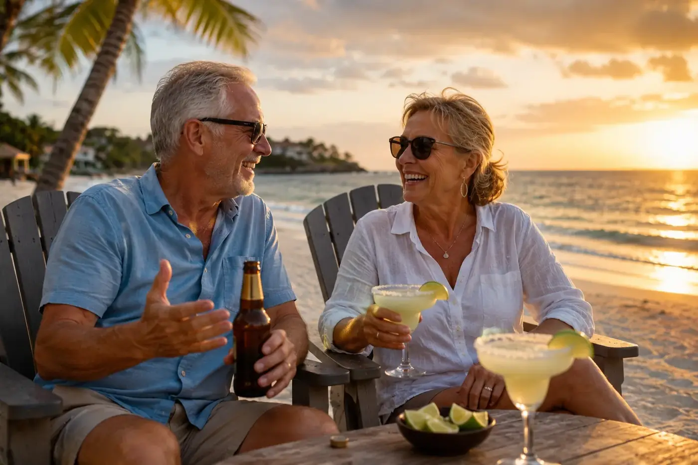 A retired couple enjoying a Florida beach at sunset