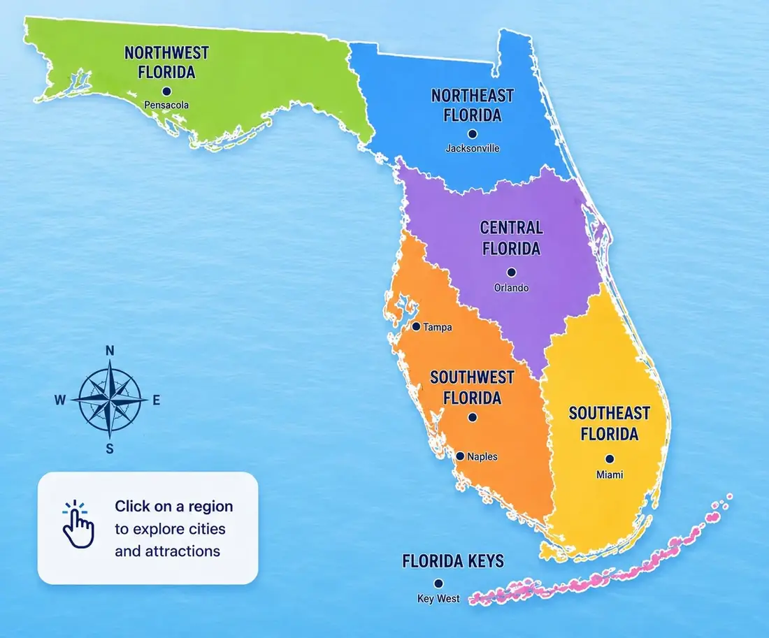 Interactive map of Florida's six regions — Northwest, Northeast, Central, Southwest, Southeast and the Keys