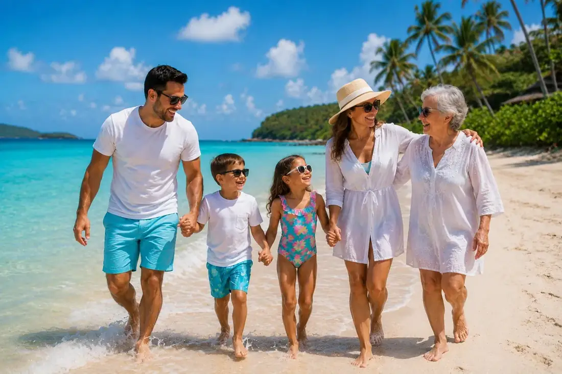 A multigenerational family walking together along a turquoise Florida beach shoreline