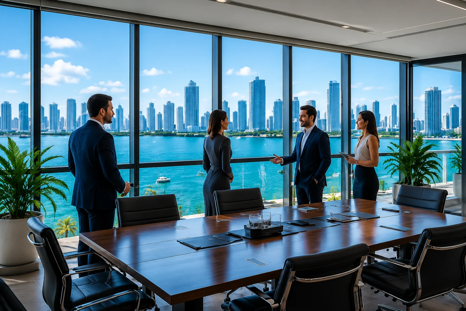 Business meeting with skyline view